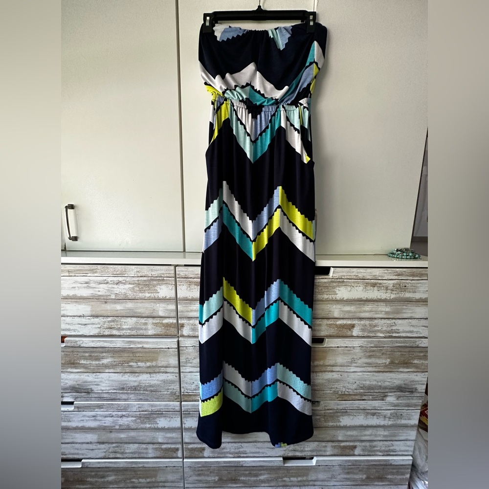 Trixxi  Blue Strapless Maxi Dress with Chevron pattern